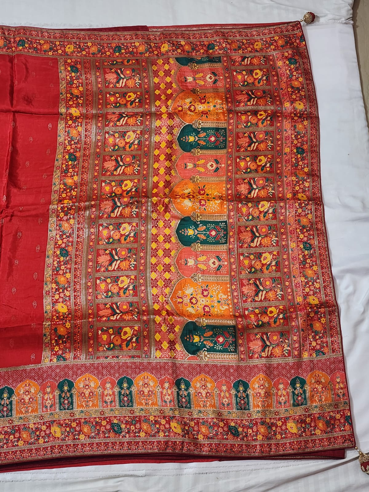 Deep red base Dola Silk Saree