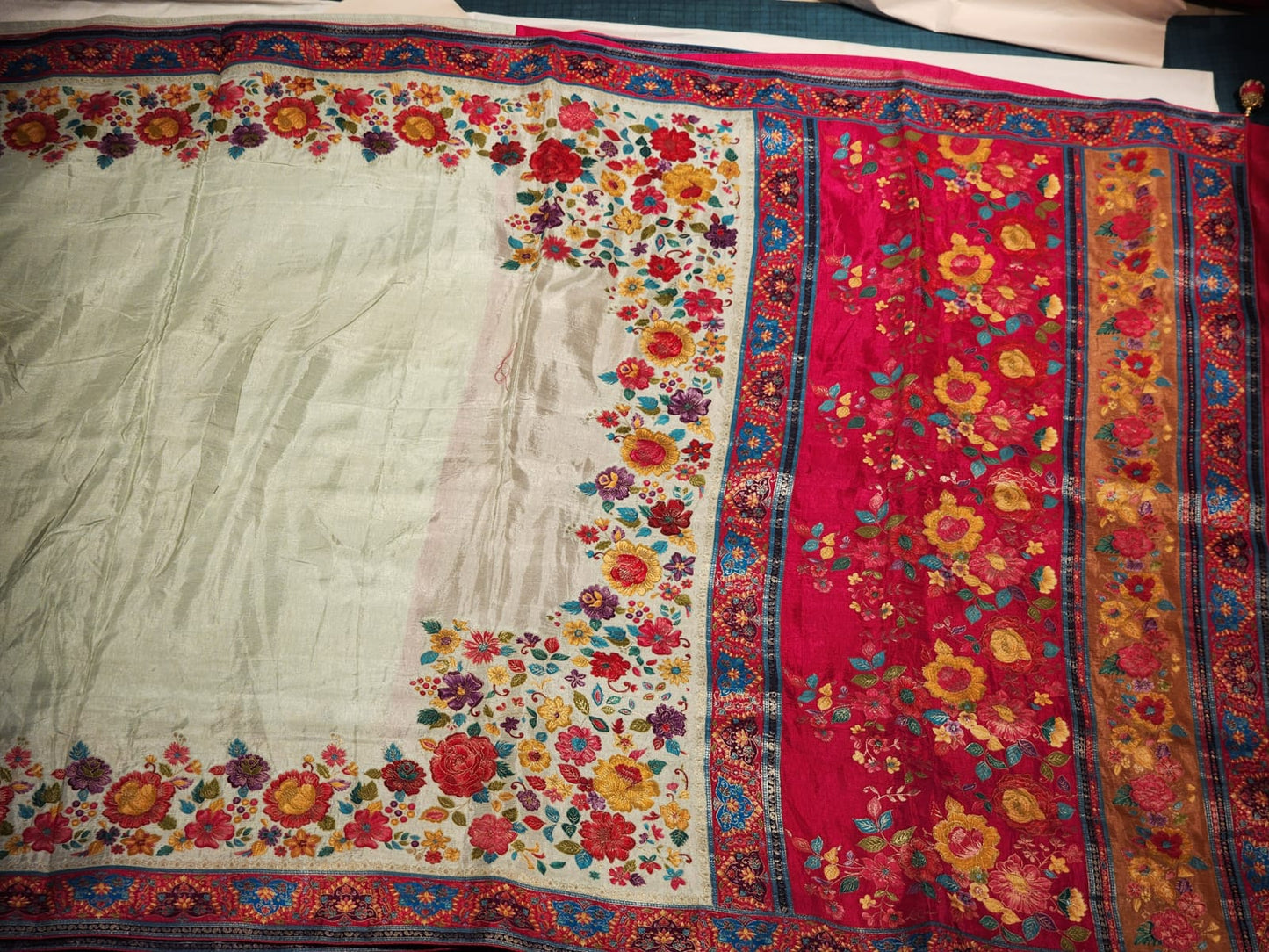 Rose Red & Ivory base Dola Silk Saree