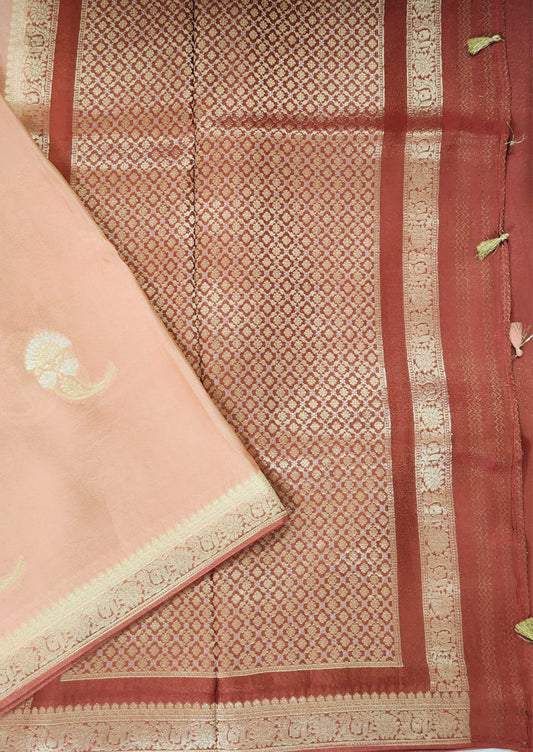 Blush Glow – Peach Banaras Silk Saree with Subtle Zari Motifs