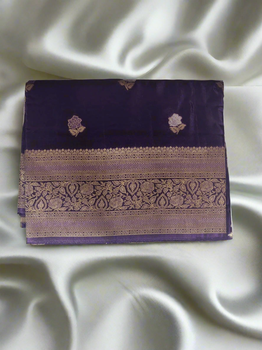 Imperial Violet – Banaras Silk Saree with Classic Gold Zari Border