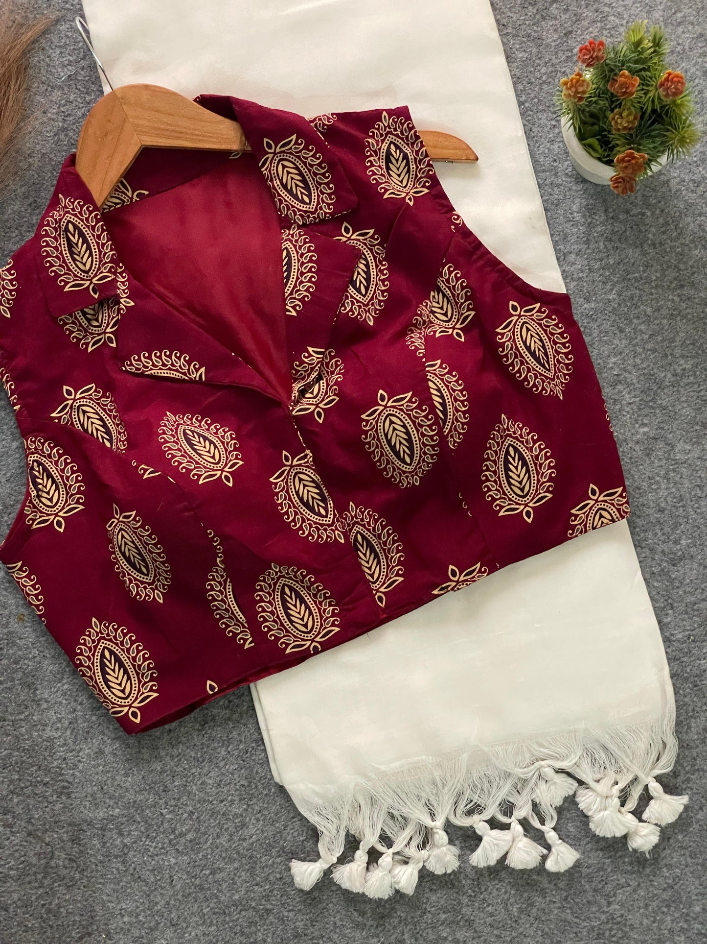 Off-White Khadi Cotton Saree with Ajrakh Printed Maroon Cotton Blouse