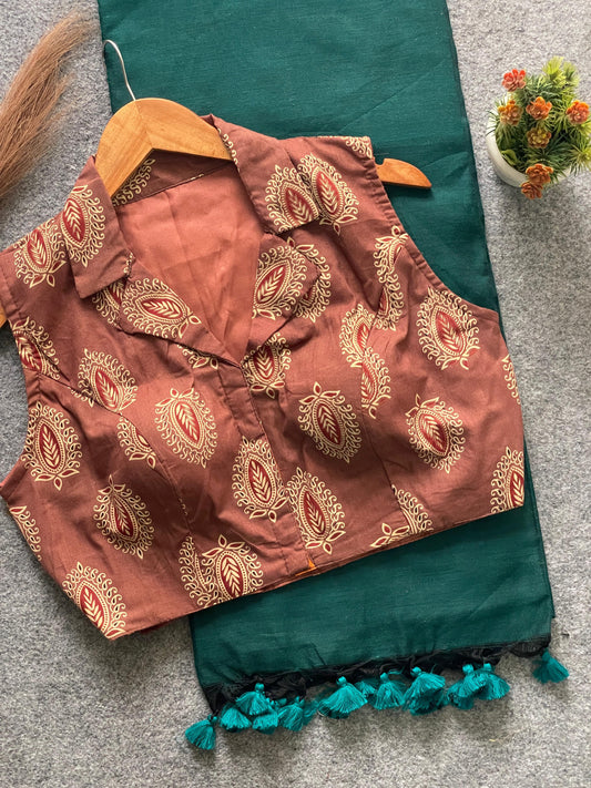 Bottle Green Khadi Cotton Saree with Ajrakh Printed Rust Cotton Blouse