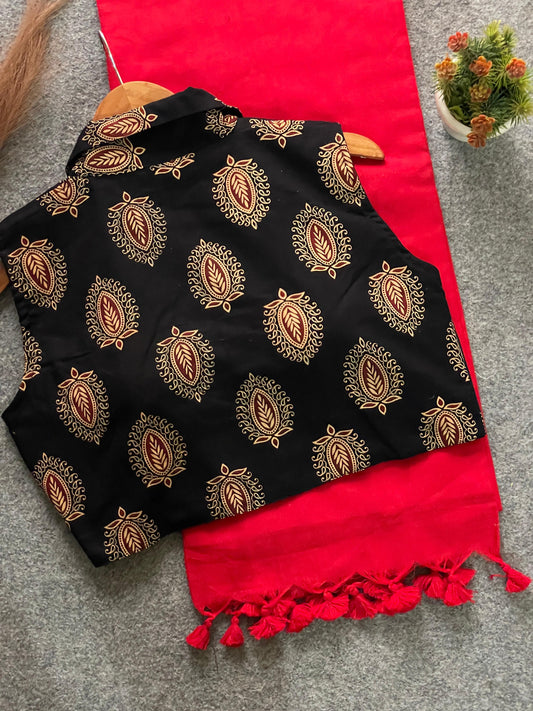 Fiery Red Khadi Cotton Saree with Ajrakh Printed Black Cotton Blouse