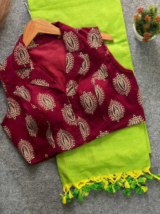 Parrot Green Khadi Cotton Saree with Ajrakh Maroon Cotton Blouse