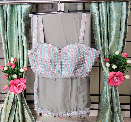 Pastel Glimmer –  Saree with Striped Sequin Blouse