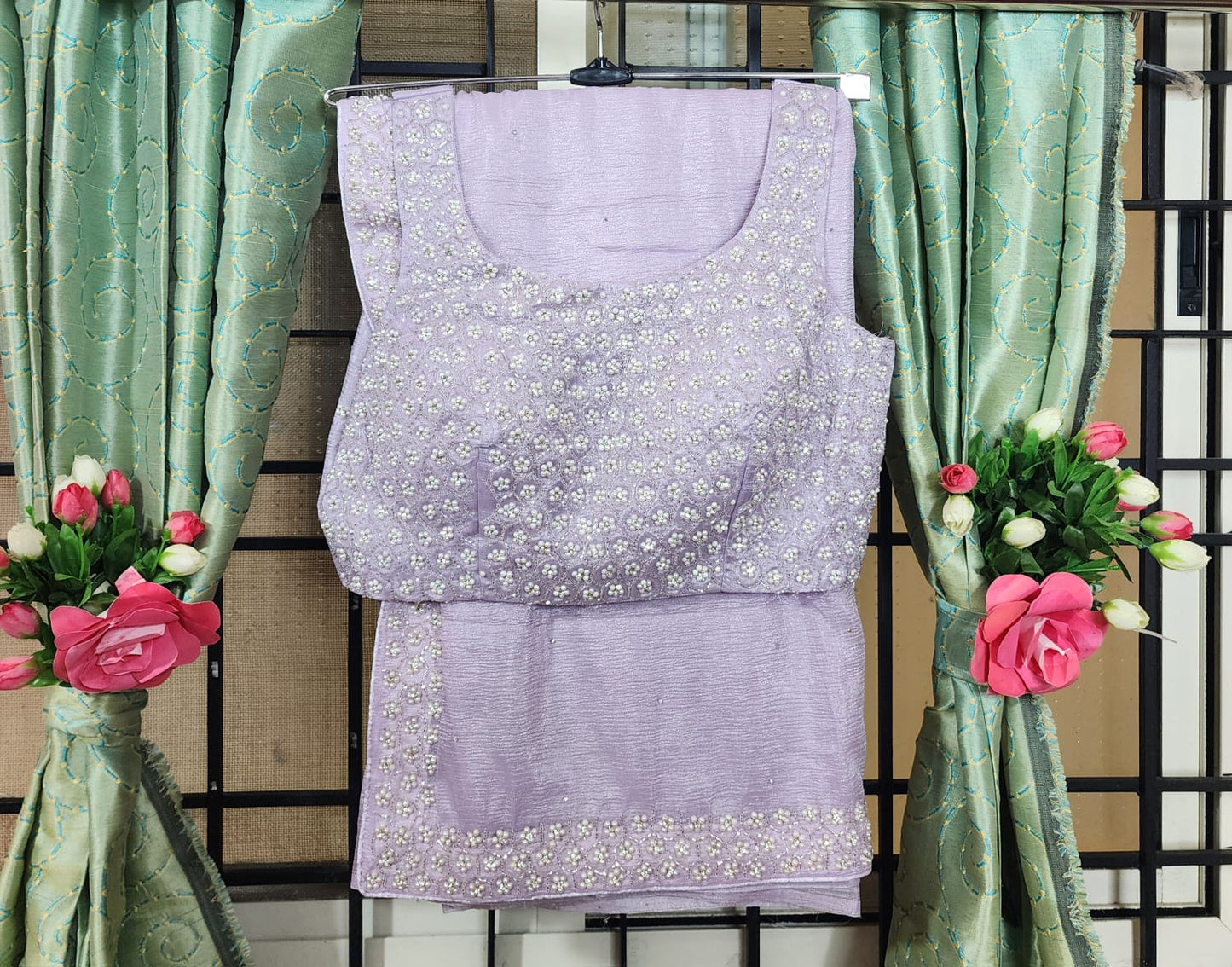 Lavender Saree with Pearl-Embroidered Designer Blouse