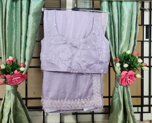 Lavender Saree with Pearl-Embroidered Designer Blouse