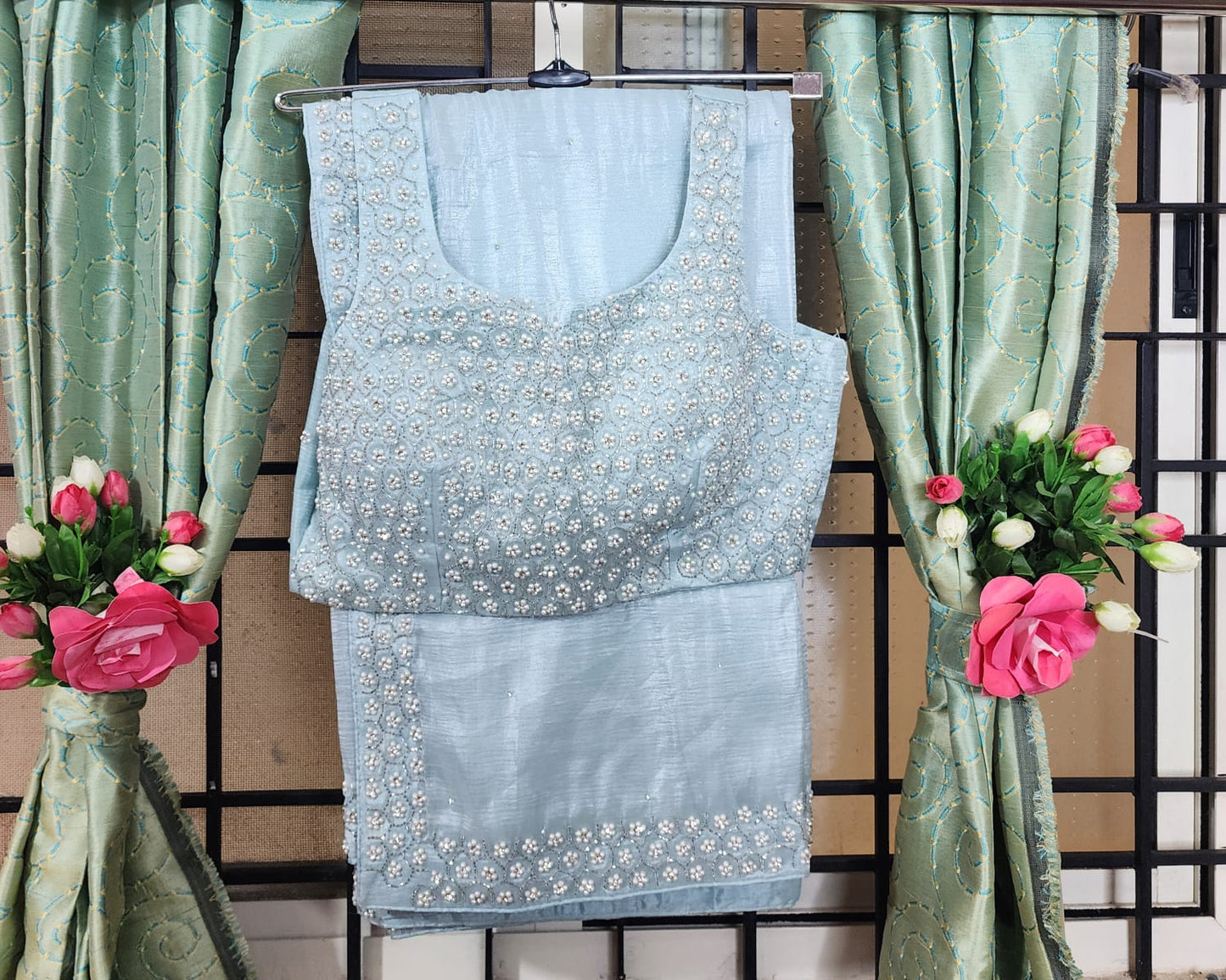 Sky Blue  Saree with Pearl Embroidered Blouse