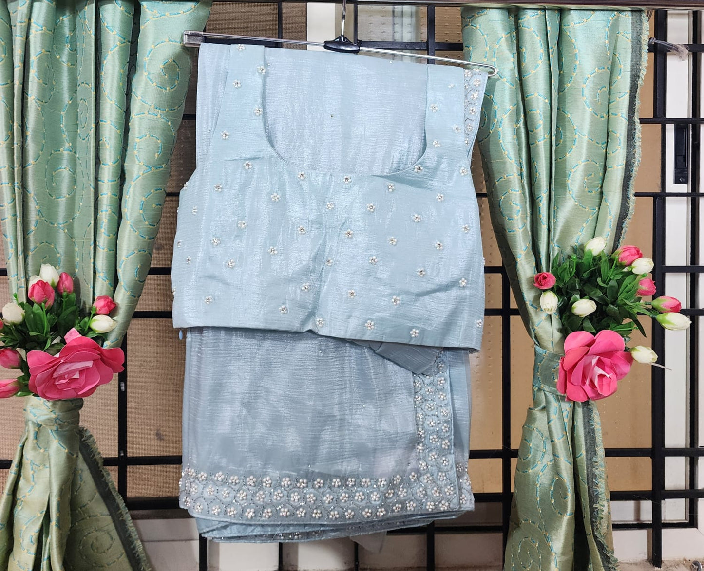 Sky Blue  Saree with Pearl Embroidered Blouse