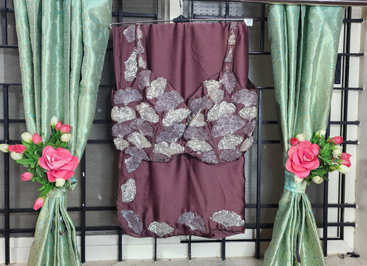 Gilded Maroon – Party Wear  Saree with Sequin Leaf Blouse