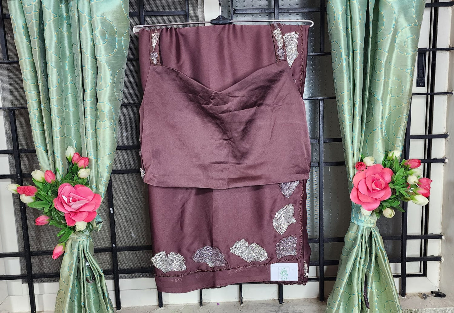 Gilded Maroon – Party Wear  Saree with Sequin Leaf Blouse