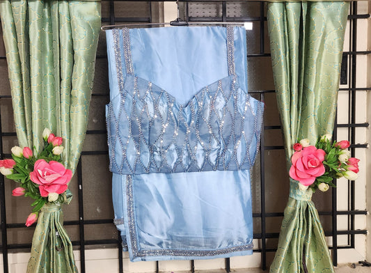 Crystal Dream – Sky Blue  Saree with Mirror-Work Blouse