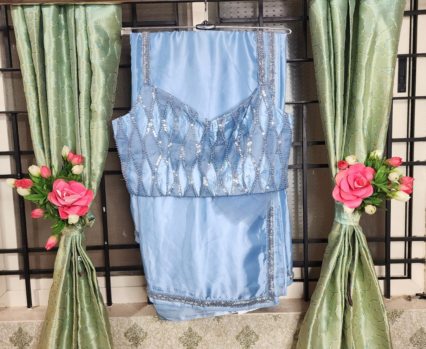 Crystal Dream – Sky Blue  Saree with Mirror-Work Blouse