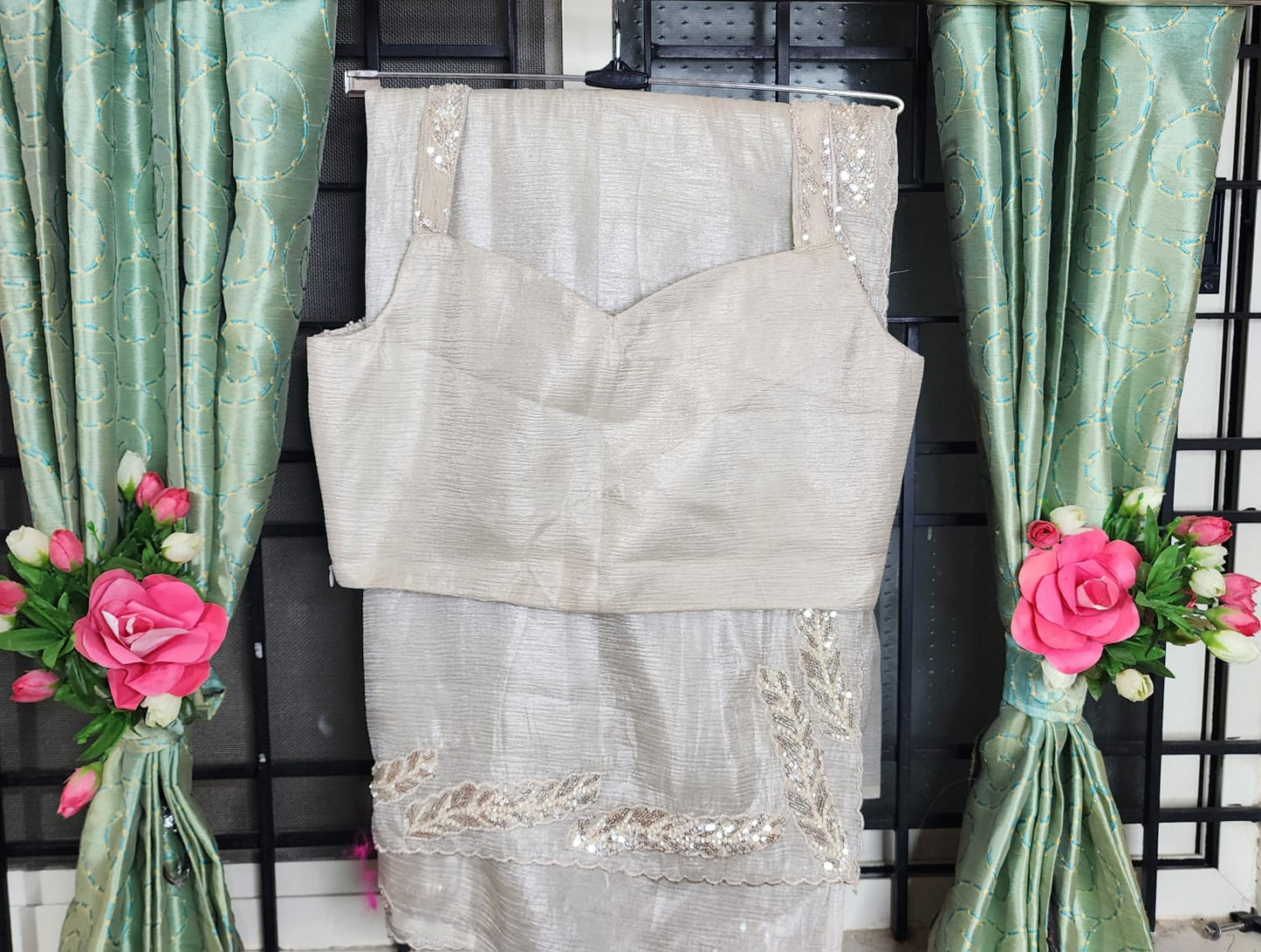 Golden Whispers – Champagne Saree with Sequin Blouse