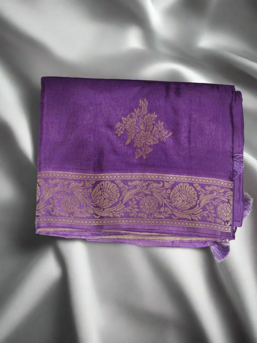 Majestic Purple Banaras Silk Saree with Graceful Zari Floral Border