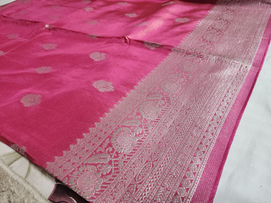 Charming Rani Pink Banaras Silk Saree with Silver Zari Weaving
