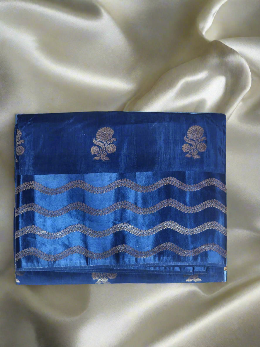 Majestic Royal Blue Banaras Silk Saree with Wave Zari Pallu