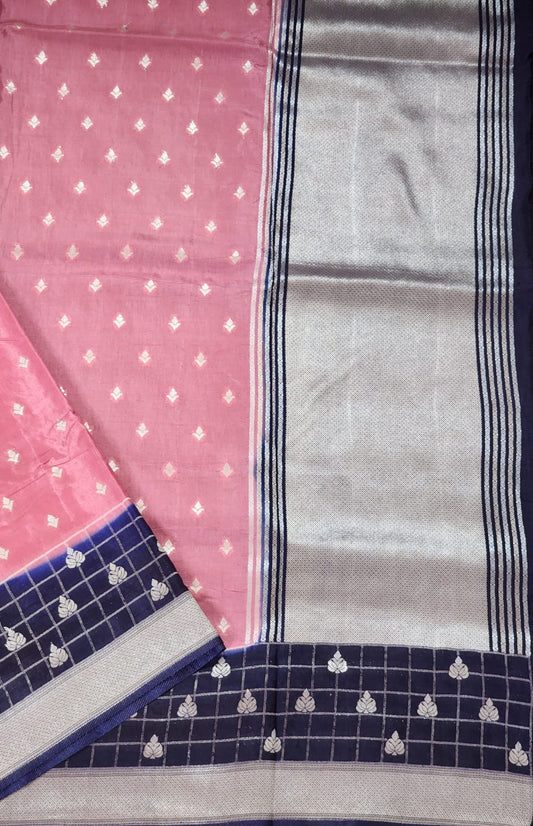 Graceful Pink and Navy Dual-Tone Banaras Silk Saree with Checked Zari Pallu