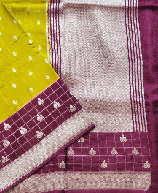 Vibrant Lime Green and Wine Banaras Silk Saree with Silver Zari Pallu