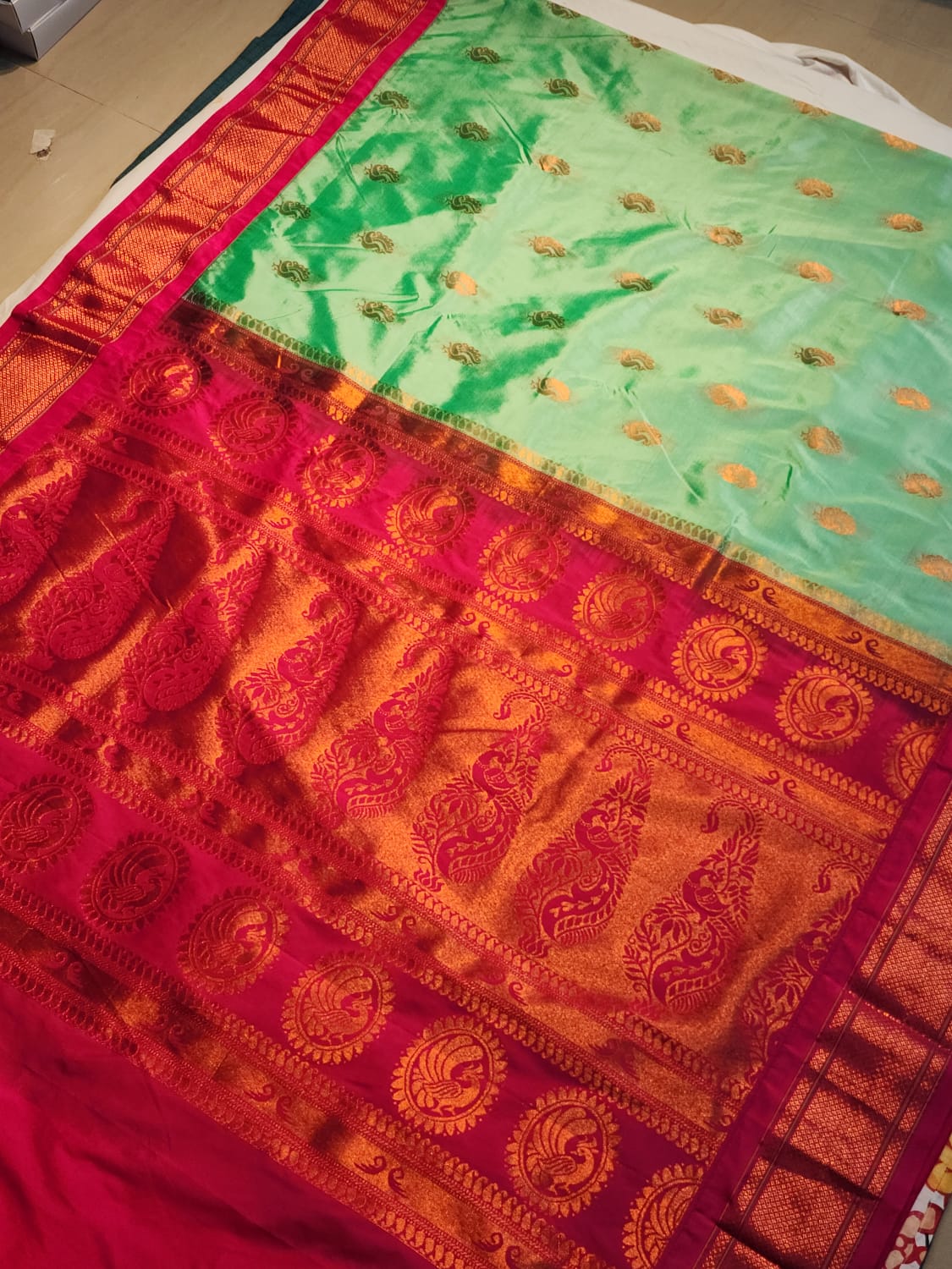 Mint Green Paithani Saree with Magenta Kadiyal Border