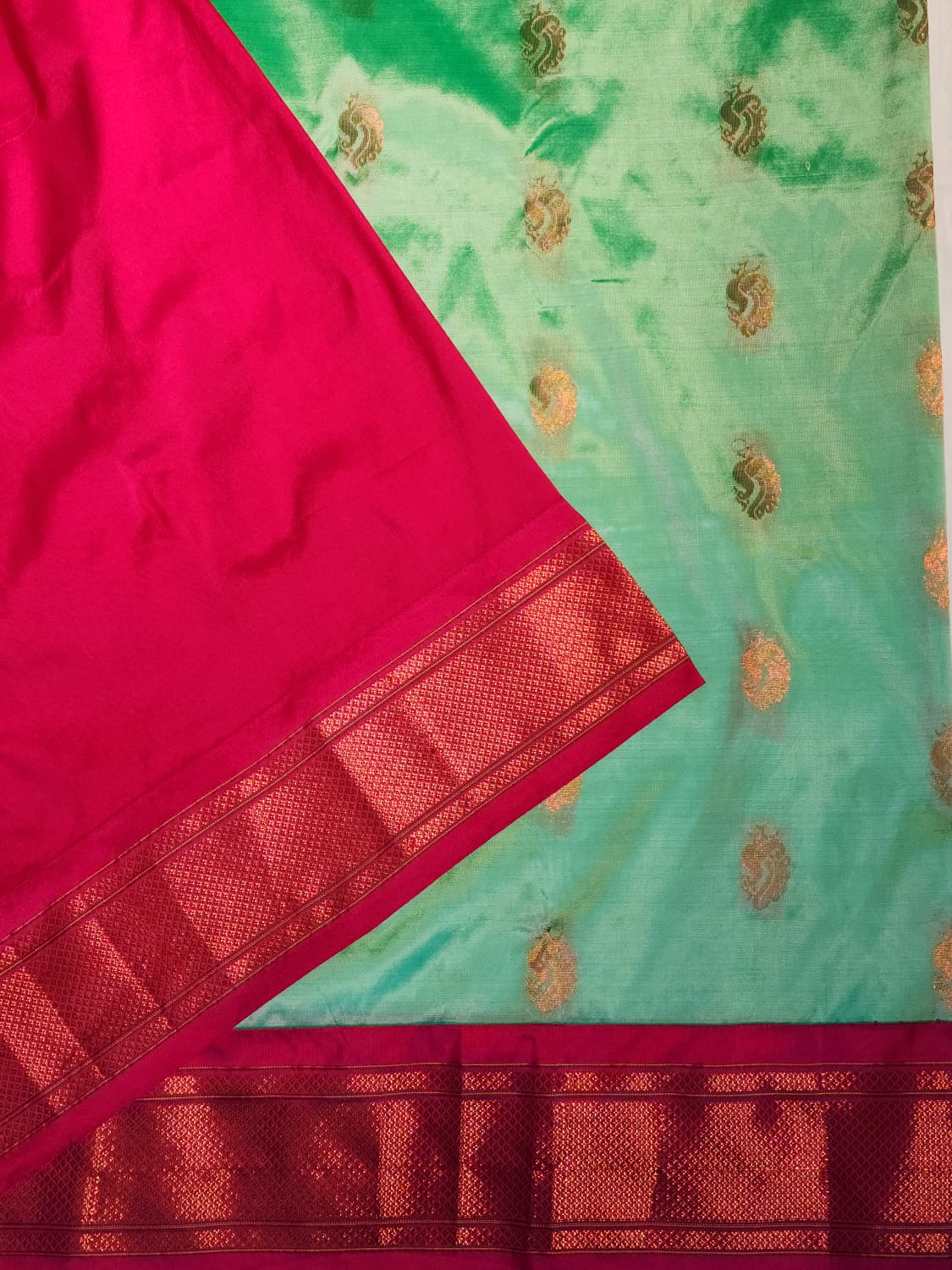 Mint Green Paithani Saree with Magenta Kadiyal Border