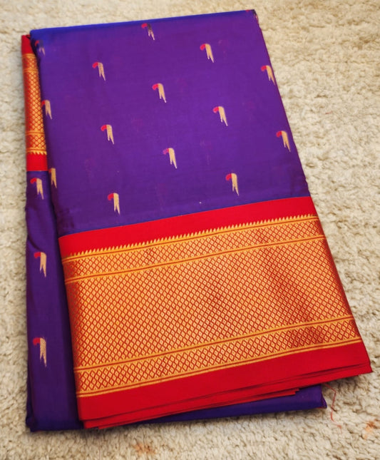 Purple Paithani Saree with Red Kadiyal Border and muniya motif