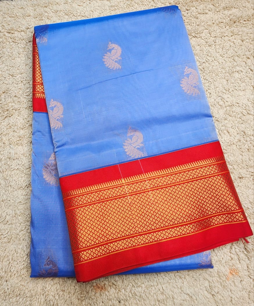 Royal Blue Paithani Saree with Red Kadiyal Zari Border