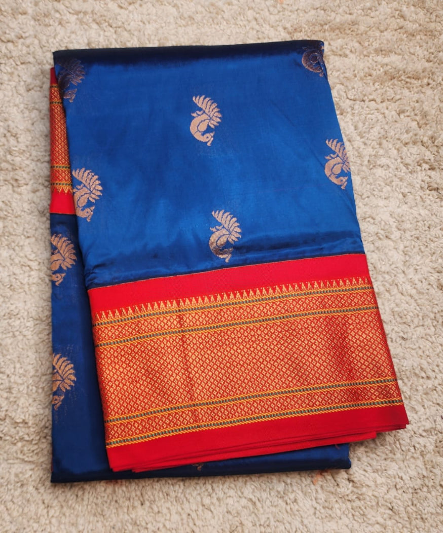 Midnight Blue Paithani with Red Kadiyal Zari Border