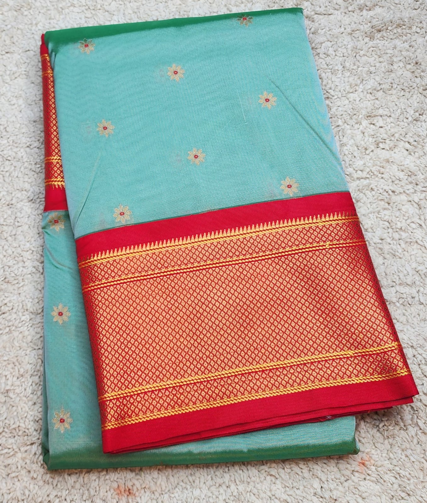 Mint Green Paithani Saree with Red Kadiyal Border & Floral Zari Buttas
