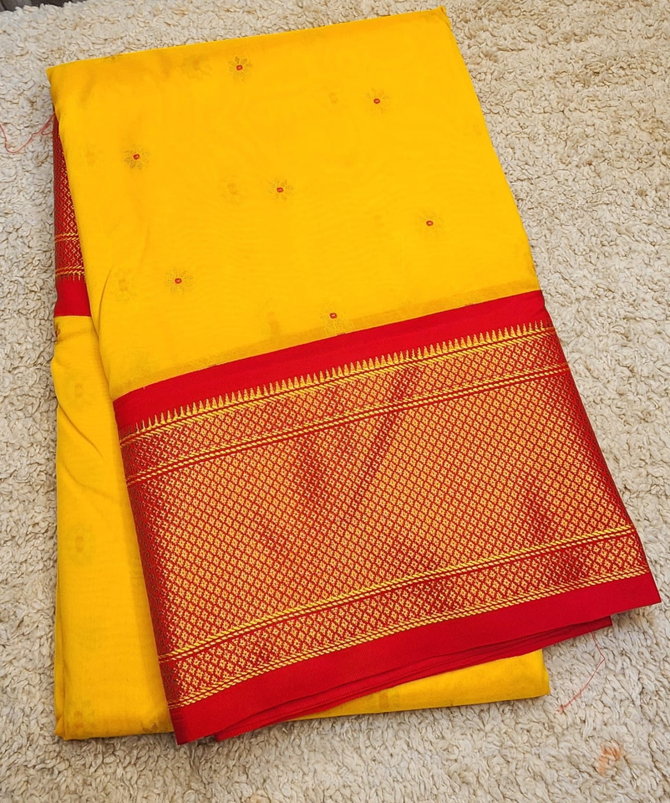 Sunshine Yellow Paithani Saree with Red Kadiyal Border & Floral Zari Buttas