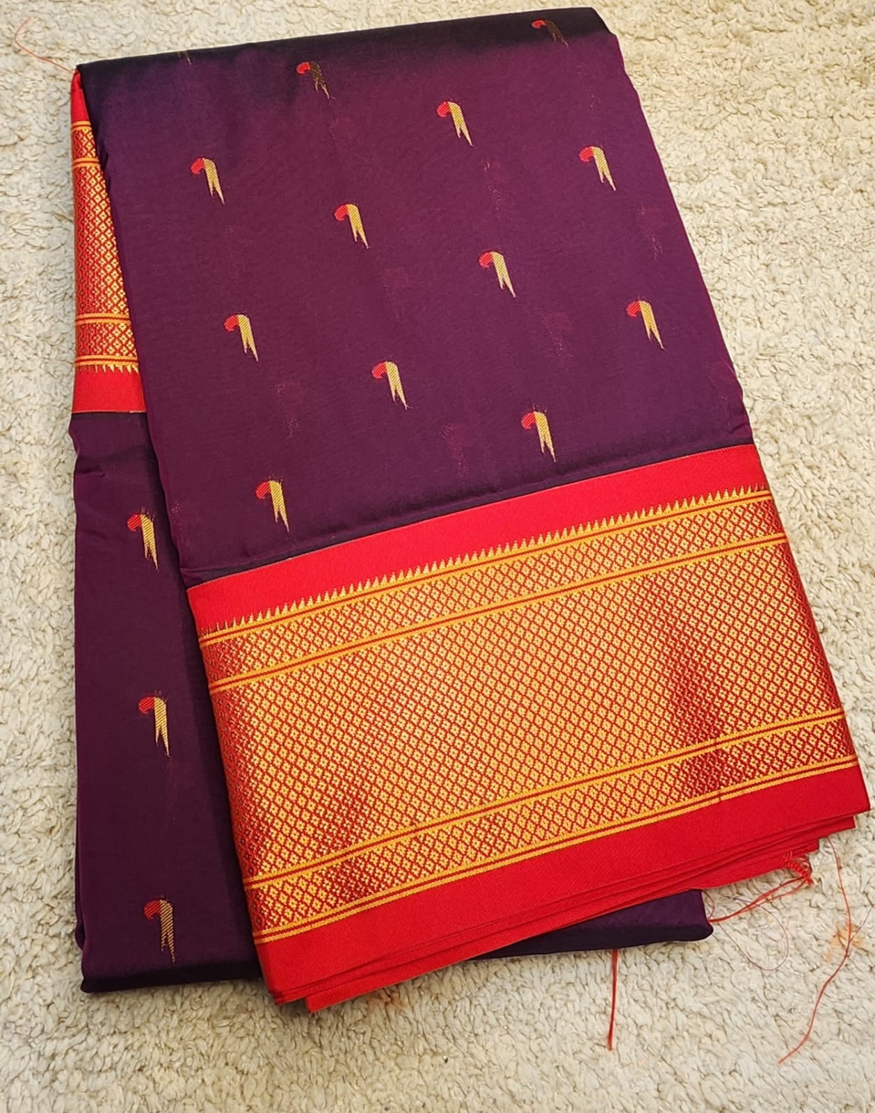 Royal Purple Paithani Saree with Red Kadiyal Border & Muniya Motifs