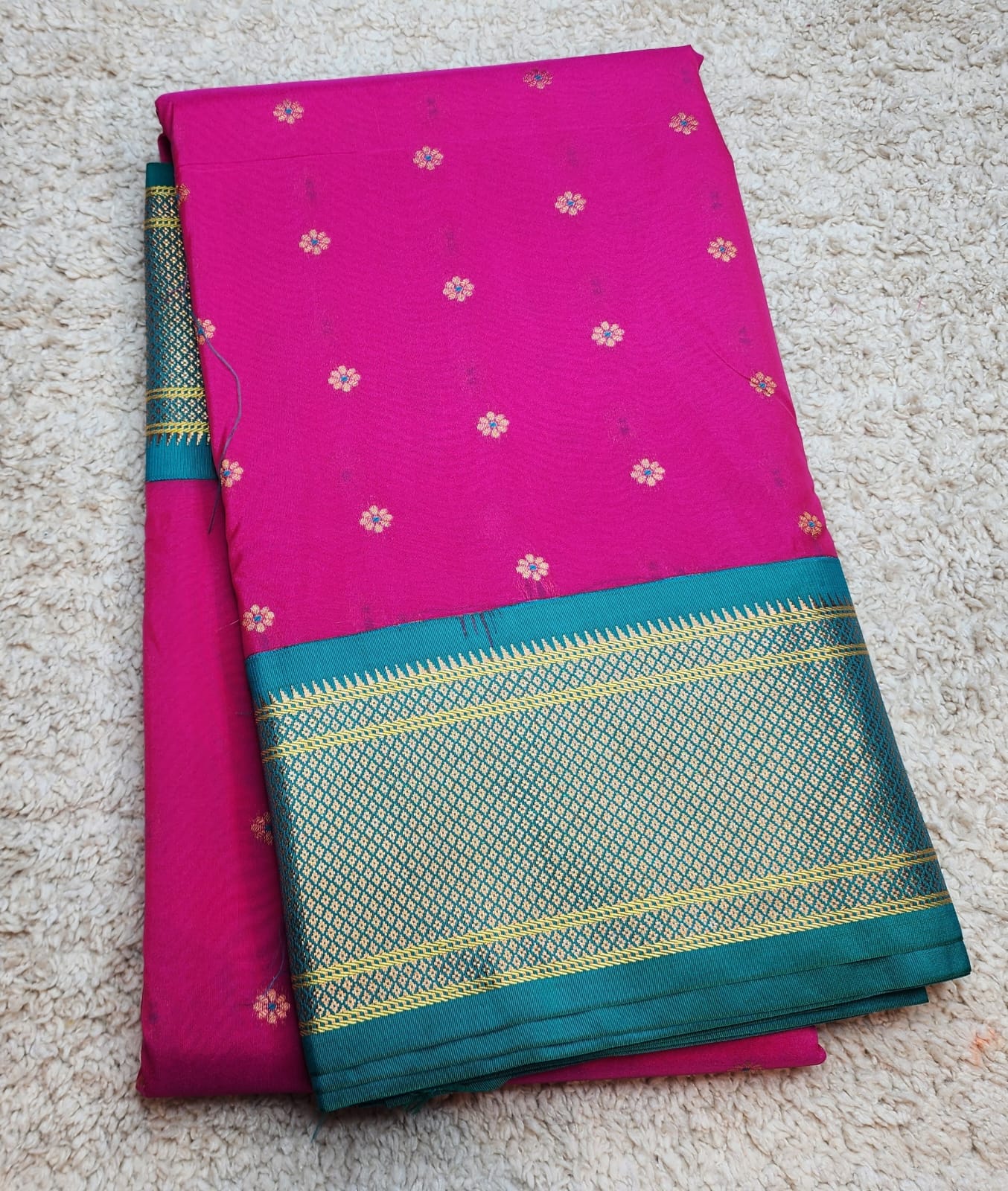 Rani Pink Paithani Saree with Green Kadiyal Zari Border & Floral Buttas