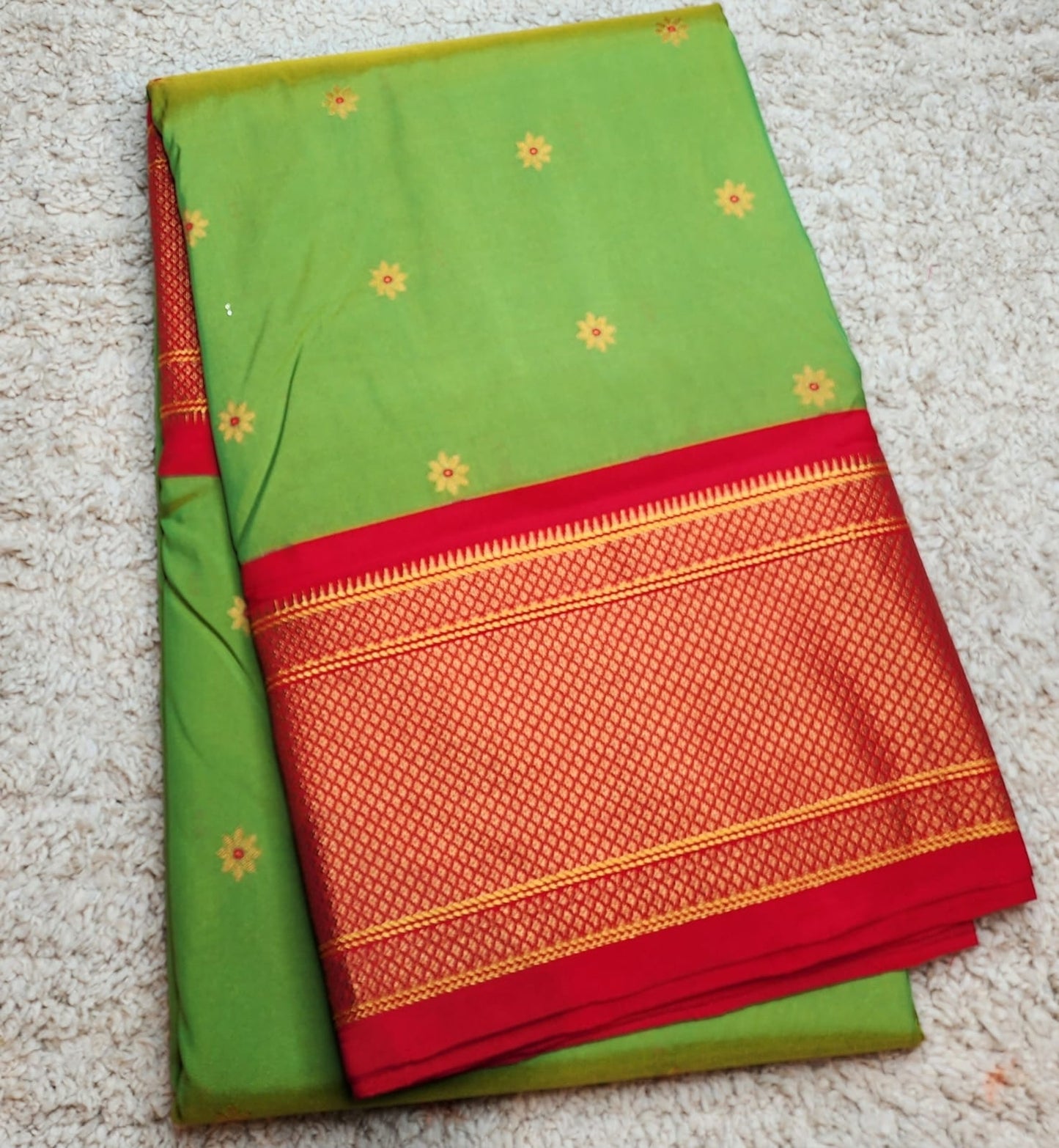 Parrot Green Paithani Saree with Red Kadiyal Zari Border & Floral Buttas