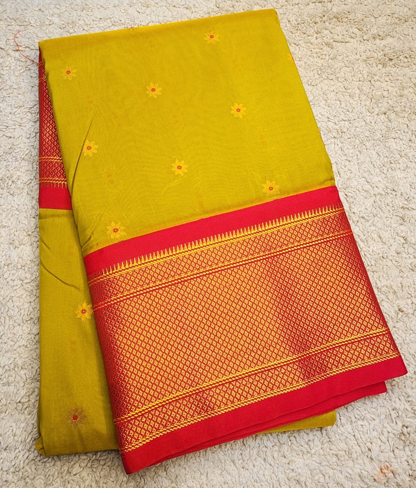 Mustard Yellow Paithani Saree with Red Kadiyal Zari Border & Floral Buttas
