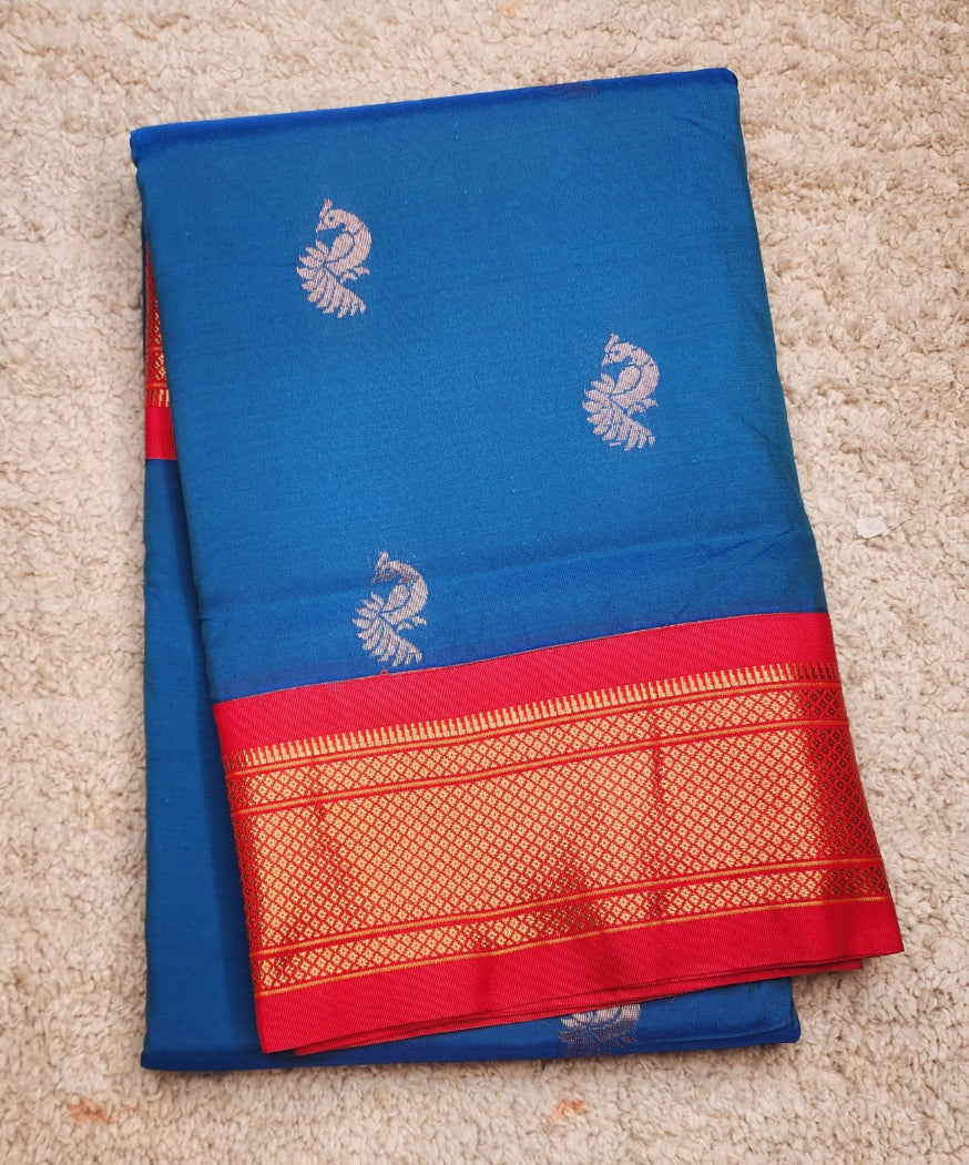 Royal Blue Paithani Saree with Red Kadiyal Zari Border