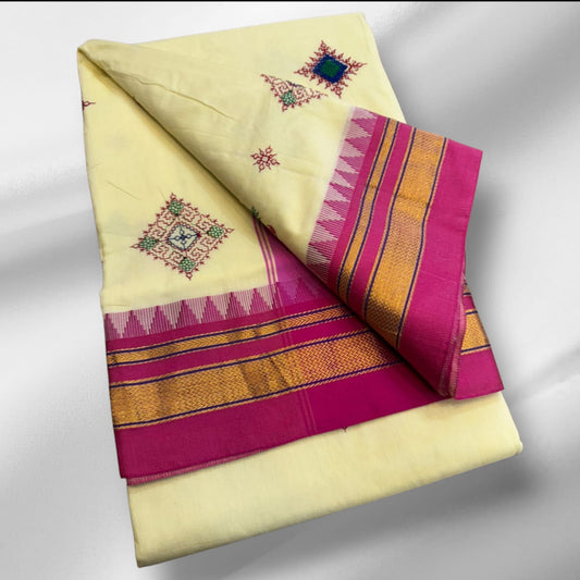 badam Yellow flower Ilkal Kasuti Cotton Saree