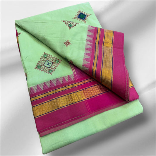sage green flower Ilkal Kasuti Cotton Saree