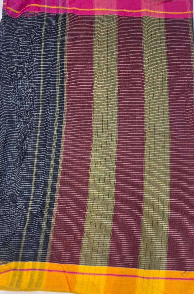 Black -Yellow Pink Ilkal handloom Patteda Anchu Saree