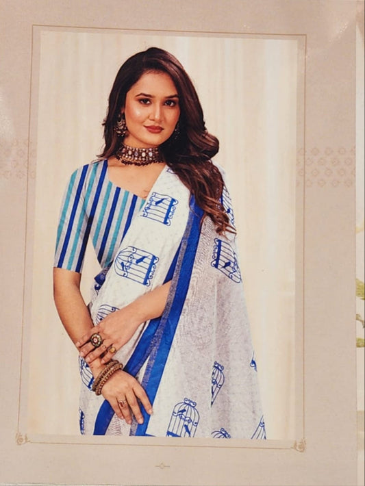 white & Blue cotton printed saree