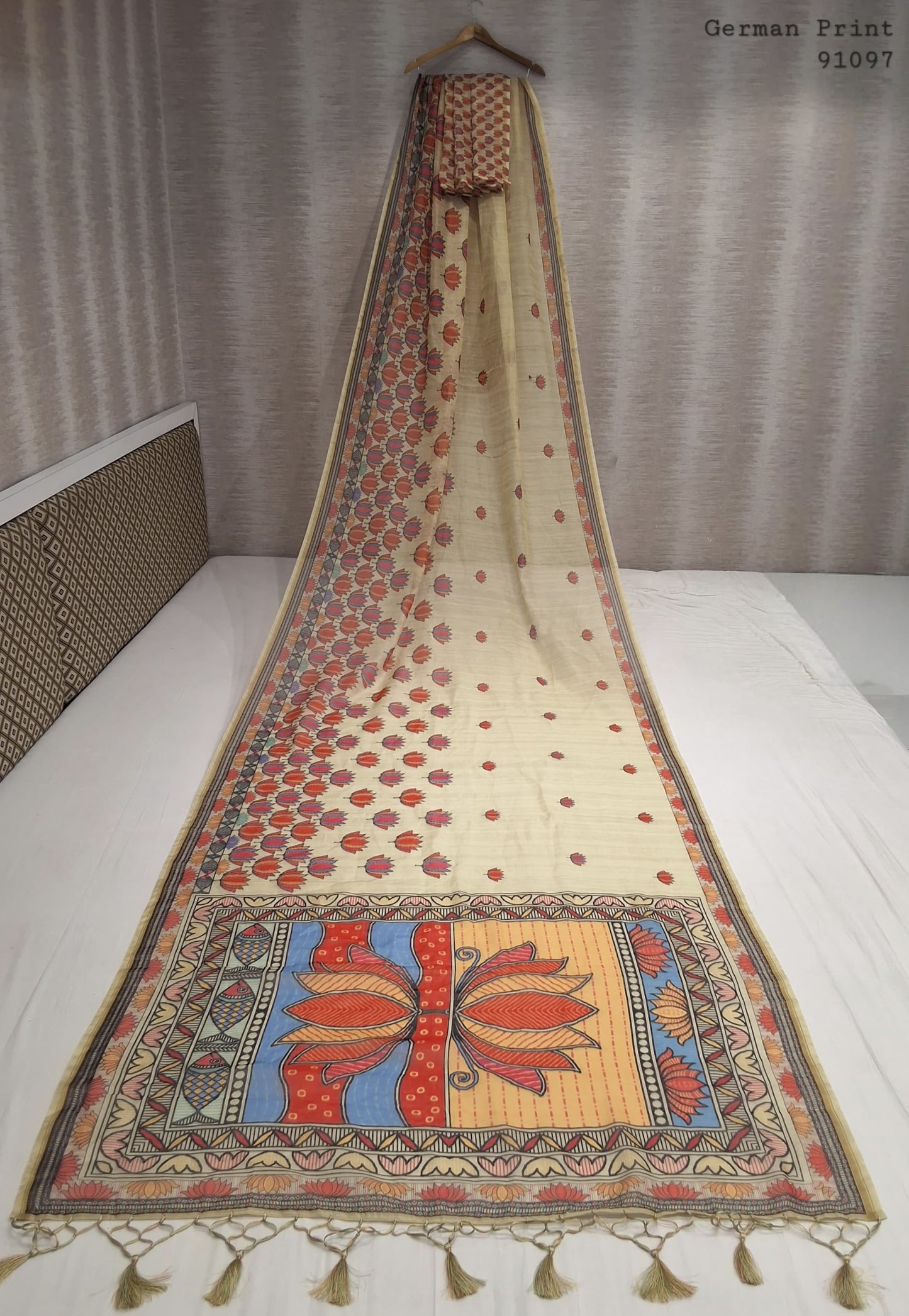 Beige Linen Cotton Saree with Vibrant Lotus and Fish Motif Print