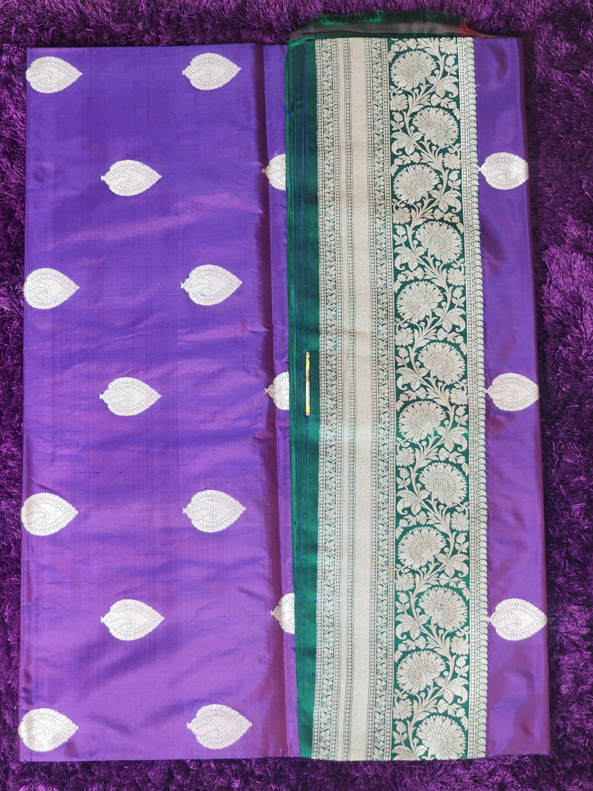 Purple Banarasi Silk Saree with Silver Leaf Motifs