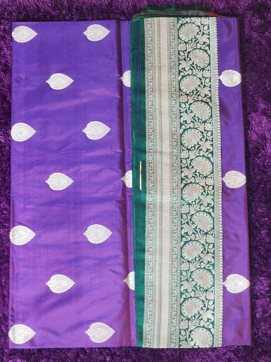 Purple Banarasi Silk Saree with Silver Leaf Motifs