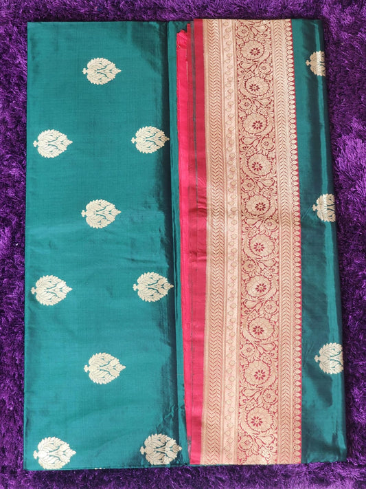 Bottle Green Banarasi Silk Saree with Golden Leaf Motifs