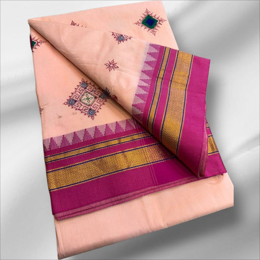 Peach flower Ilkal Kasuti Cotton Saree