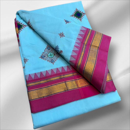 Sky Blue flower Ilkal Kasuti Cotton Saree