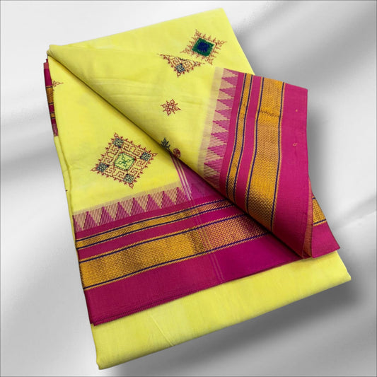 Sunshine Yellow flower Ilkal Kasuti Cotton Saree