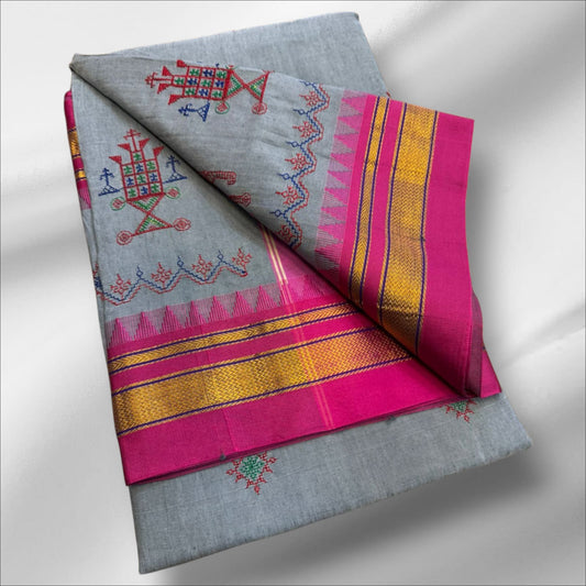 Elegant Grey Ilkal Kasuti Cotton Saree