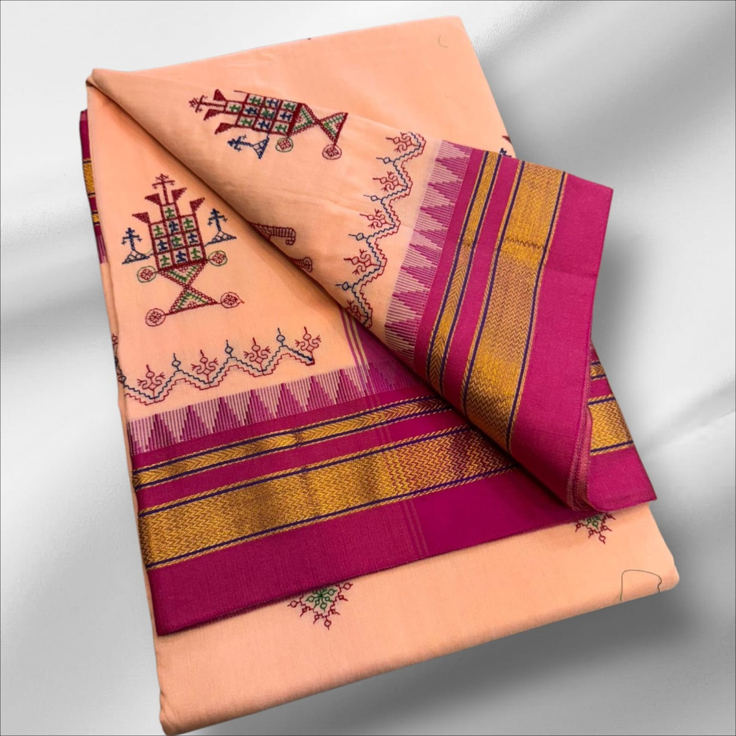 Peach Ilkal Kasuti Cotton Saree