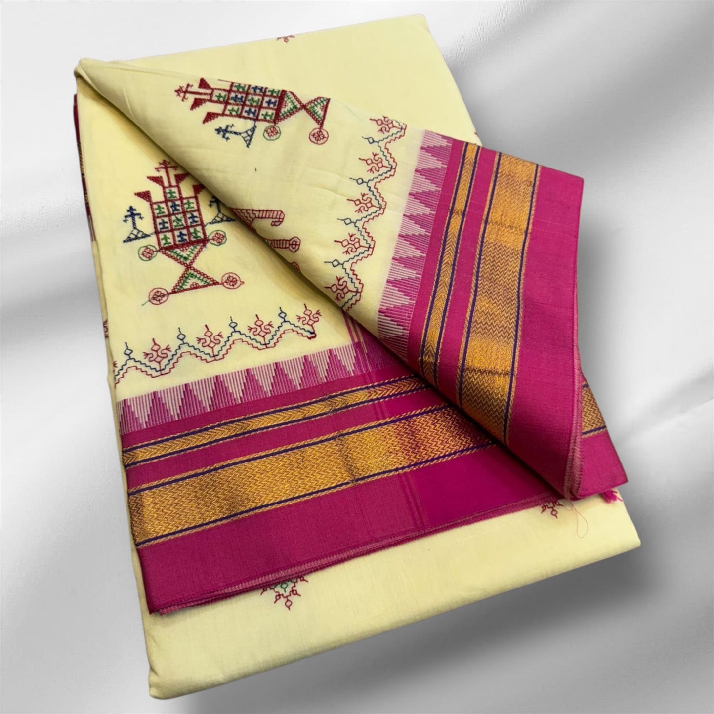 Light Yellow Ilkal Kasuti Cotton Saree