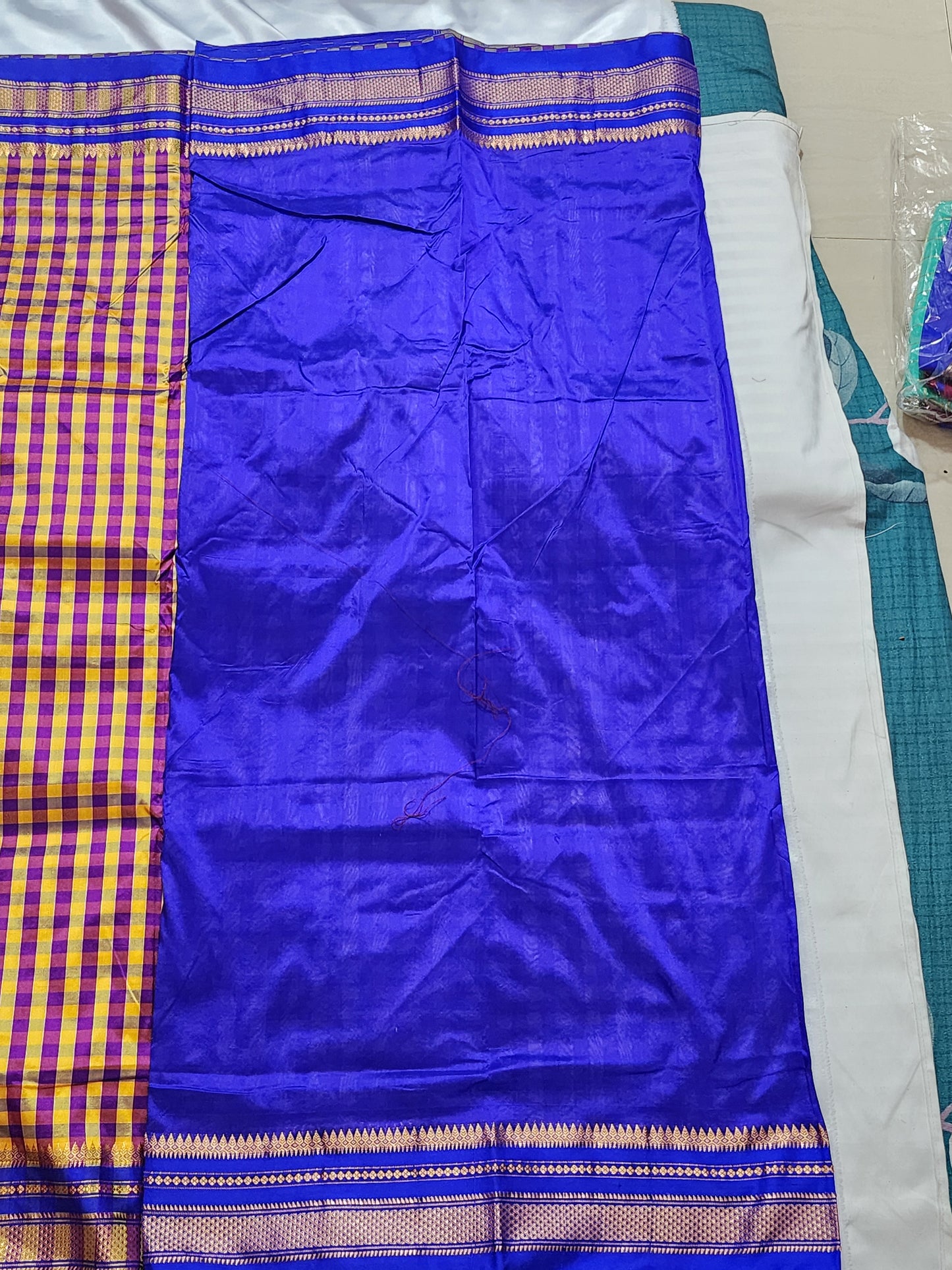 Yellow and Purple Checks Ilkal Silk Saree